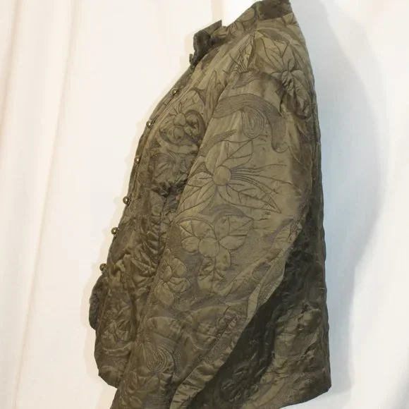 COLDWATER CREEK Olive Green Quilted Jacket Size Large Button Front Oriental L/S - Picture 8 of 13